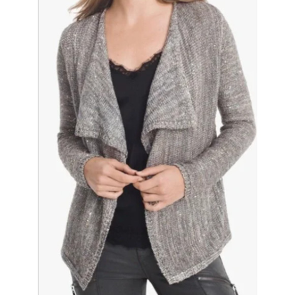 White House Black Market Shimmer Open Front Long Sweater Gray With Sequins Small - Picture 1 of 5